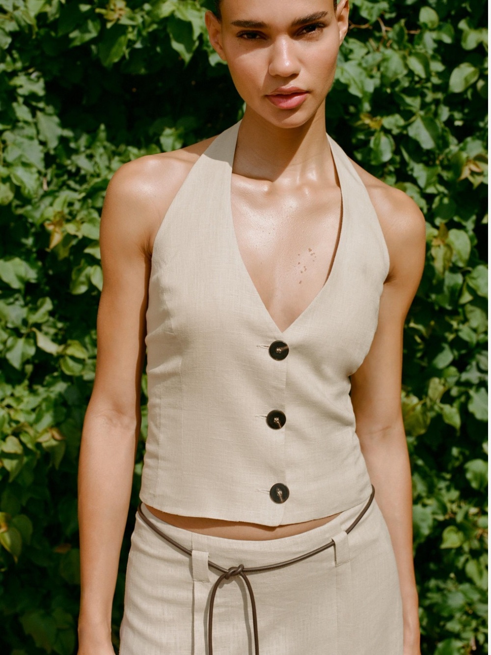 Zara Beige Halter Button-Front Linen Blend Top